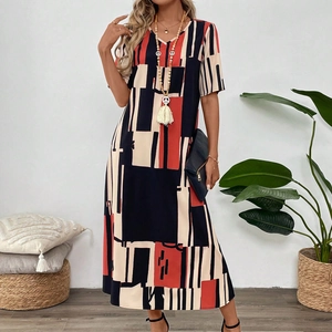 Women's summer V-neck maxi dress with geometric patchwork print and short sleeves
