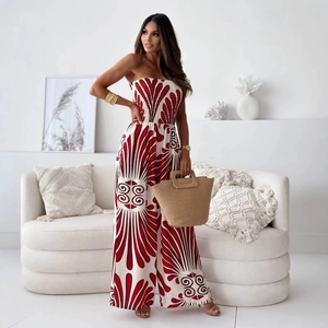 Combinaison bustier femme d'été à jambes larges avec imprimé ethnique et taille cintrée