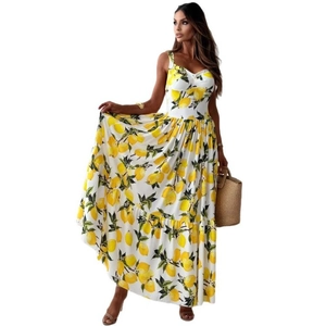 Summer women's white sleeveless maxi dress with lemon print and flared waist