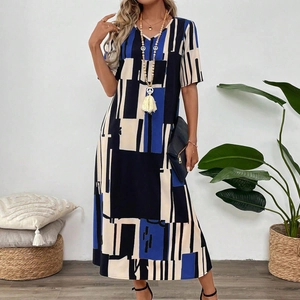 Women's V-neck short sleeve dress with abstract geometric print in navy and beige