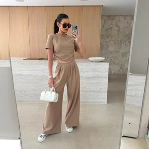 Zweiteiliges Damen-Set in Khaki mit Kordelzug-Crop-Top und hochtaillierter Hose mit weitem Bein