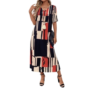 Women's V-neck maxi dress with geometric abstract print and short sleeves in a loose fit