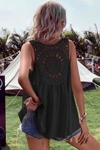 Close-up of the elegant crochet lace hollow out design on the back of this black summer vest