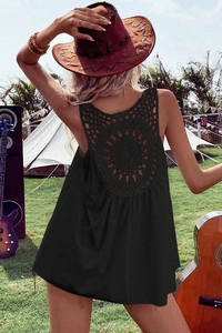 Detailed back view of women's black tank top with bohemian hollow lace pattern
