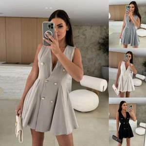 Robe Femme Sexy Col en V Sans Manches Double Boutonnage Mini Robe Boutons Or Taille Haute Plissée Ligne A Soirée Robe
