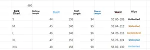 Size chart showing bust, length, and waist dimensions for the off-shoulder printed set