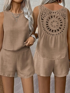 Detailed front and back view of two-piece linen set with boho cutout crochet back detail