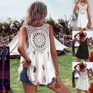 Women Bohemian V Neck Backless Crochet Lace Tank Top Loose Feather Print Sleeveless Summer Casual Vacation Camisole Top