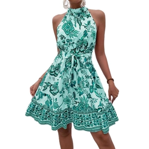 Floral halter neck A-line summer dress with waist tie and ruffle hem in mint green