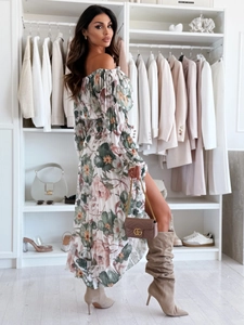 Detail of floral chiffon dress showing off-shoulder neckline and elastic pleated texture