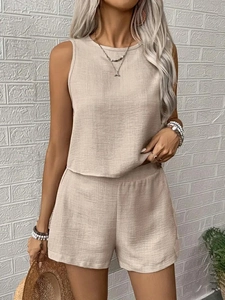 Detailed texture of beige linen-cotton fabric on casual two-piece summer set