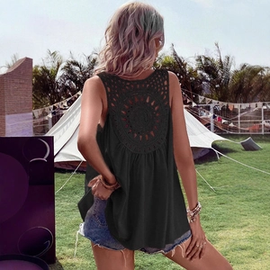 Women's V-neck black sleeveless top featuring bohemian crochet lace hollow back design