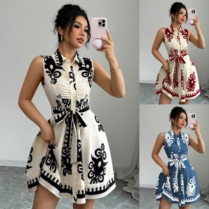 Robe Chemise sans Manches Décontractée pour Femme Col à Revers Boutonné Imprimé Robe Courte avec Lien à Nouer Été Style Bohème