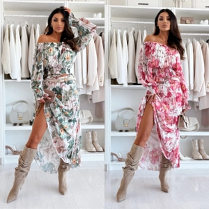 Women's Casual Floral Print Bohemian Outfits Off Shoulder Lantern Sleeve Crop Top And High Slit Long Skirt Vacation Clothes