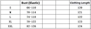 Detailed size chart for strapless maxi dress showing bust and length measurements in cm