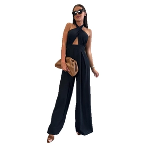 Sleepless black halter jumpsuit with cutout waist and wide leg pants for summer style