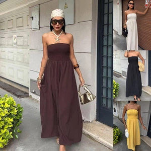 Women's Sexy Smocked Tube Top Maxi Dress Summer Solid Color High Waist A-Line Long Beach Vacation Sun Dress