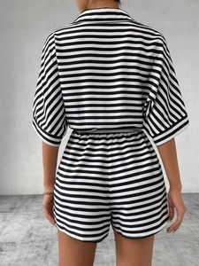 Rear view of striped short-sleeve shirt and matching elastic waist shorts for summer wear