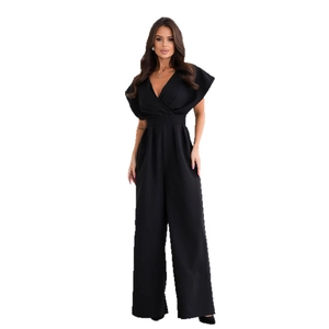 Elegant black V-neck jumpsuit with ruffle sleeves and wide-leg cut for women