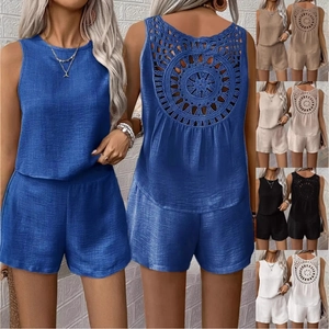 Women Casual Two Piece Shorts Set Polyester Backless Crochet Hollow Out Sleeveless Tank Top And Shorts Bohemian Summer Outfit