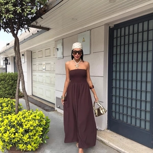 Deep chocolate strapless maxi dress with elastic smocked bodice for a summer holiday look