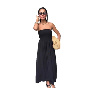Elegant black strapless tube maxi dress with elastic waist and flowing pleated skirt