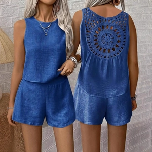 Women's blue two-piece casual set featuring a round neck tank top and shorts with back cut-out
