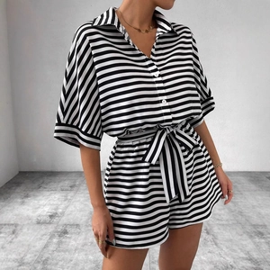 Summer black and white striped button shirt and drawstring shorts set for women