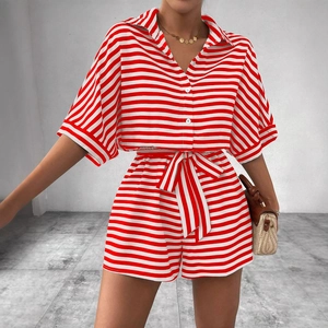 Women red and white striped summer set with button-down shirt and belted shorts