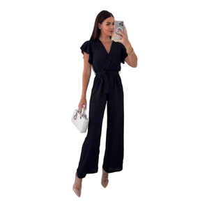 Women's V-neck sleeveless jumpsuit with ruffled sleeves and high waist tie belt