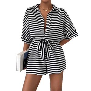 Women's striped short jumpsuit with lapel collar, button front, and waist tie design