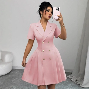 Elegant pink short sleeve blazer dress with double-breasted gold buttons and pleated skirt
