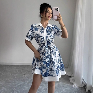 Women's vintage floral shirt dress with blue porcelain print and waist tie belt