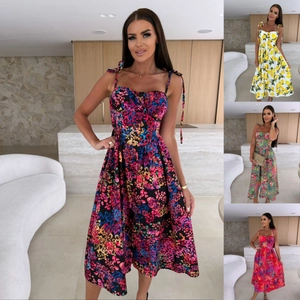 Women Summer Floral Print Midi Dress Sweetheart Neckline Tie Shoulder Strap A-Line Button Vacation Sun Dress