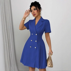 Elegant royal blue short sleeve blazer dress with gold double-breasted buttons and pleated hem