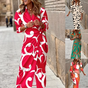Robe Maxi Portefeuille Décontractée pour Femmes avec Imprimé Abstrait Manches 3/4 Col Chemise Élégant Laçage Taille Haute Fendue Streetwear Robe Longue