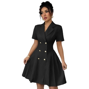 Short-sleeved double-breasted pleated dress with V-neckline and waist-cinching silhouette