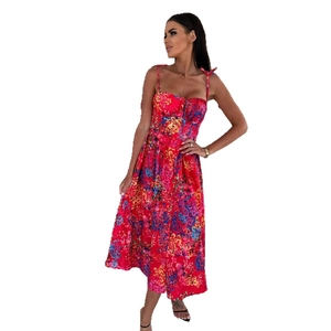 Floral print A-line midi dress with spaghetti straps and ribbon bow ties in red and blue