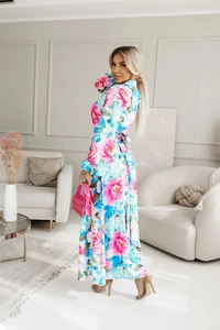 Close-up of floral print chiffon maxi dress featuring pink peonies and light blue leaves