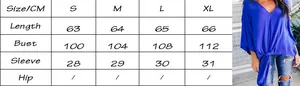Detailed size chart for the blue V-neck chiffon top with sleeve and length measurements