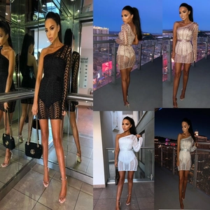 Robe Sexy Femme Une Épaule Manches Longues Bodycon Mini Robe Paillettes Crochet Ajouré Club Party Célébrité Viscose