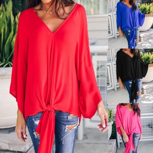 Women's Casual V-Neck Chiffon Blouse Loose Sexy Tie Knot Front Batwing Sleeve Solid Color Summer Beach Fashion Top Shirt