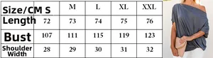 Detailed size chart for women's off-shoulder top with measurements from S to XXL