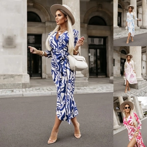 Abito Lungo Incrociato con Scollo a V Donna Stampa Floreale Manica Lunga Lacci Casual Estate Vacanza Streetwear