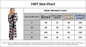 Size chart for women's plaid long cardigan with chest, shoulder, and sleeve measurements