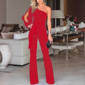 Elegant red one-shoulder long sleeve jumpsuit with a waist tie and flared leg cut