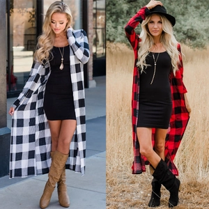 Detailed comparison of long plaid cardigans in black-white and red-black checkered patterns