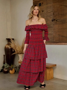 Robe Maxi de Noël à Carreaux pour Femme Col Bateau Smockée à Étages Volants Manches 3/4 Rouge Tartan Ligne A Longue Festive