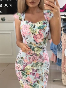 Vestito Bodycon Donna Stampa Rosa Floreale Scollo a Cuore Sexy Aderente Midi Schiena Scoperta Elegante per Festa