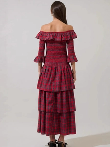Robe longue de Noël à carreaux avec épaules dénudées et bustier smocké pour femme